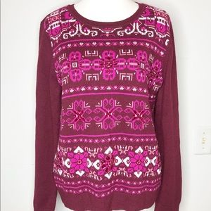 TALBOTS Burgundy Jeweled Fair Isle Sweater L